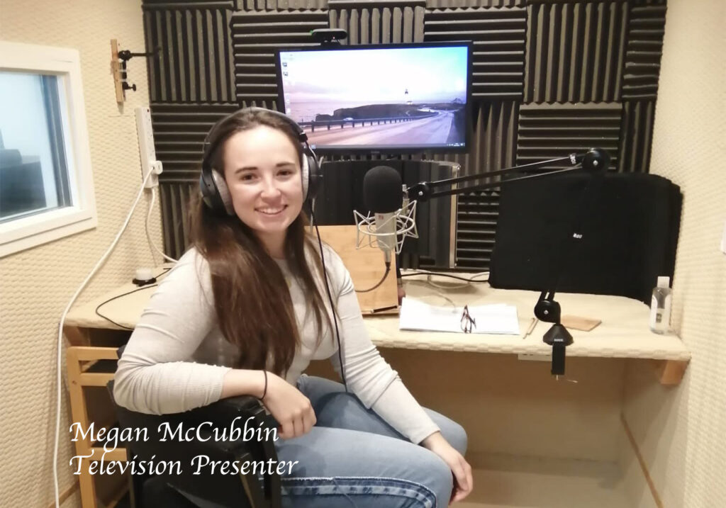 Megan McCubbin, Television Presenter, recording voiceover at Hampshire Voiceover Studio, Southampton